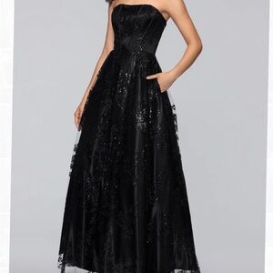 black strapless corset sequin prom dress